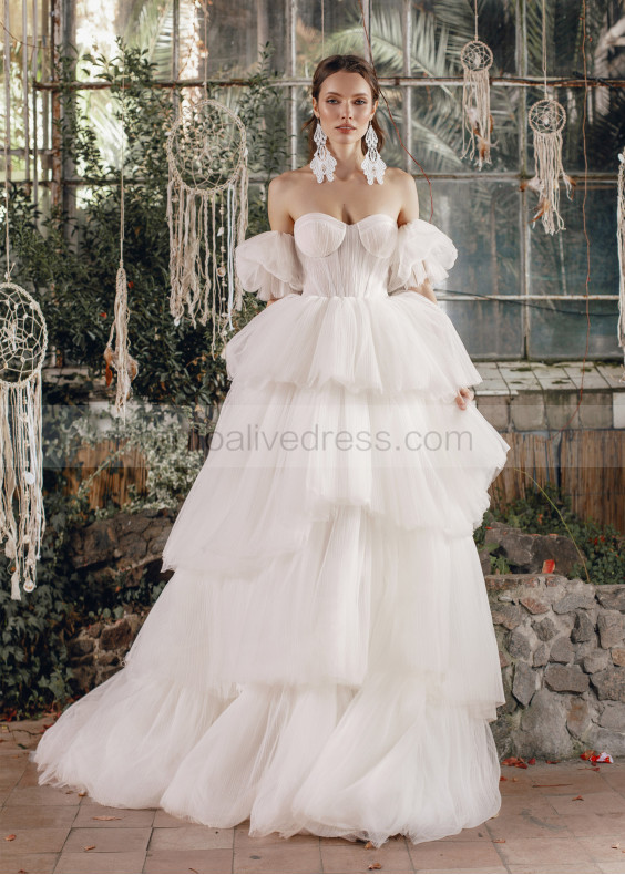 Strapless Ivory Pleated Tulle Layered Wedding Dress